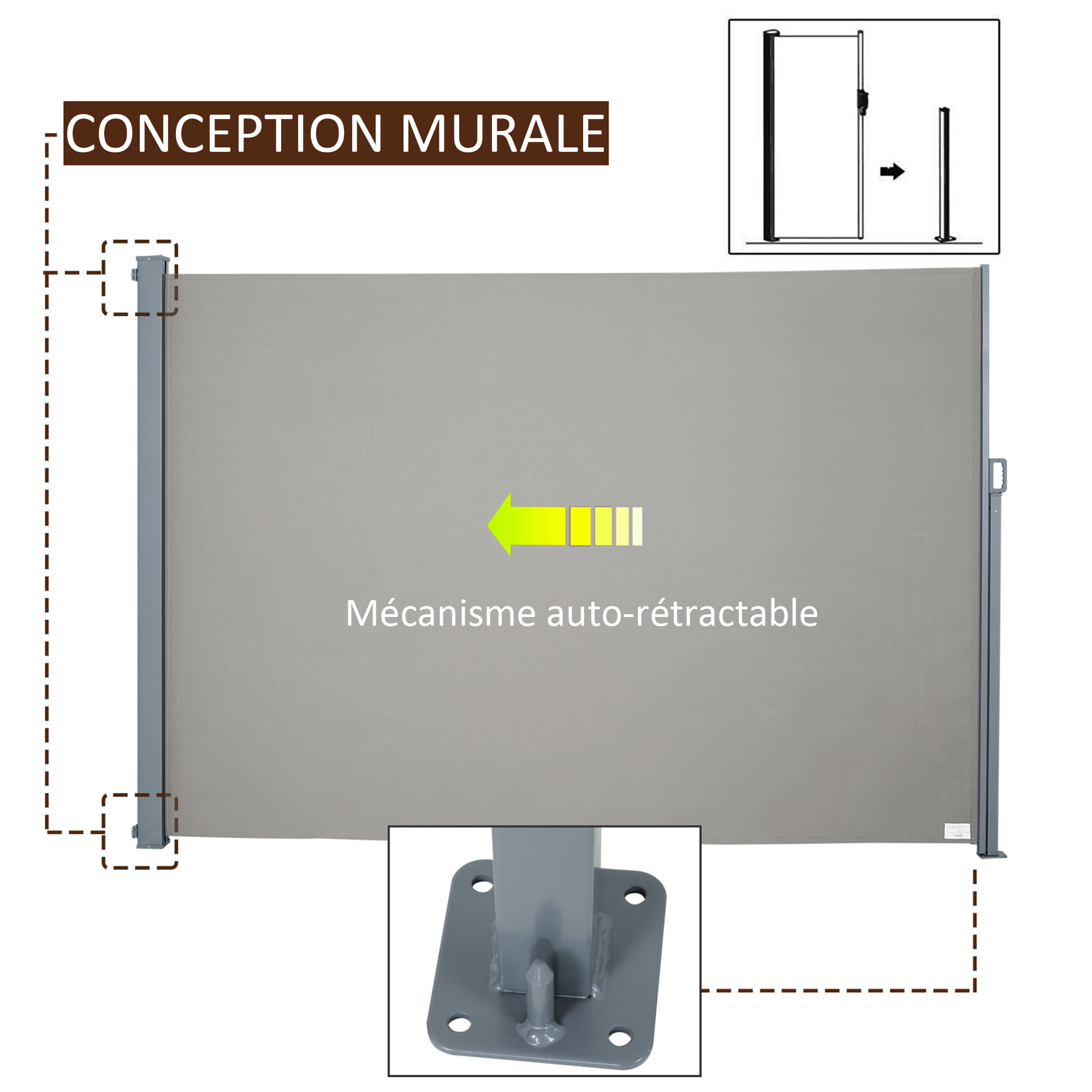 Store latéral brise-vue paravent rétractable dim. 3L x 1,60H m alu. polyester anti-UV haute densité 280 g/m² gris