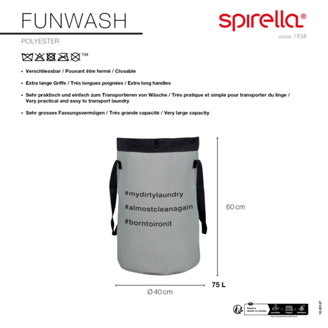 Panier à linge FUNWASH 75L Gris Clair Spirella