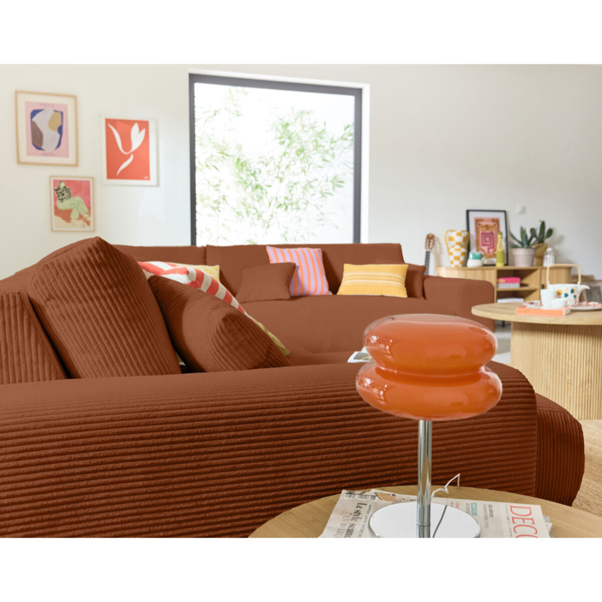 Garance - canapé modulable d'angle droit - 8 places - en velours côtelé - Terracotta