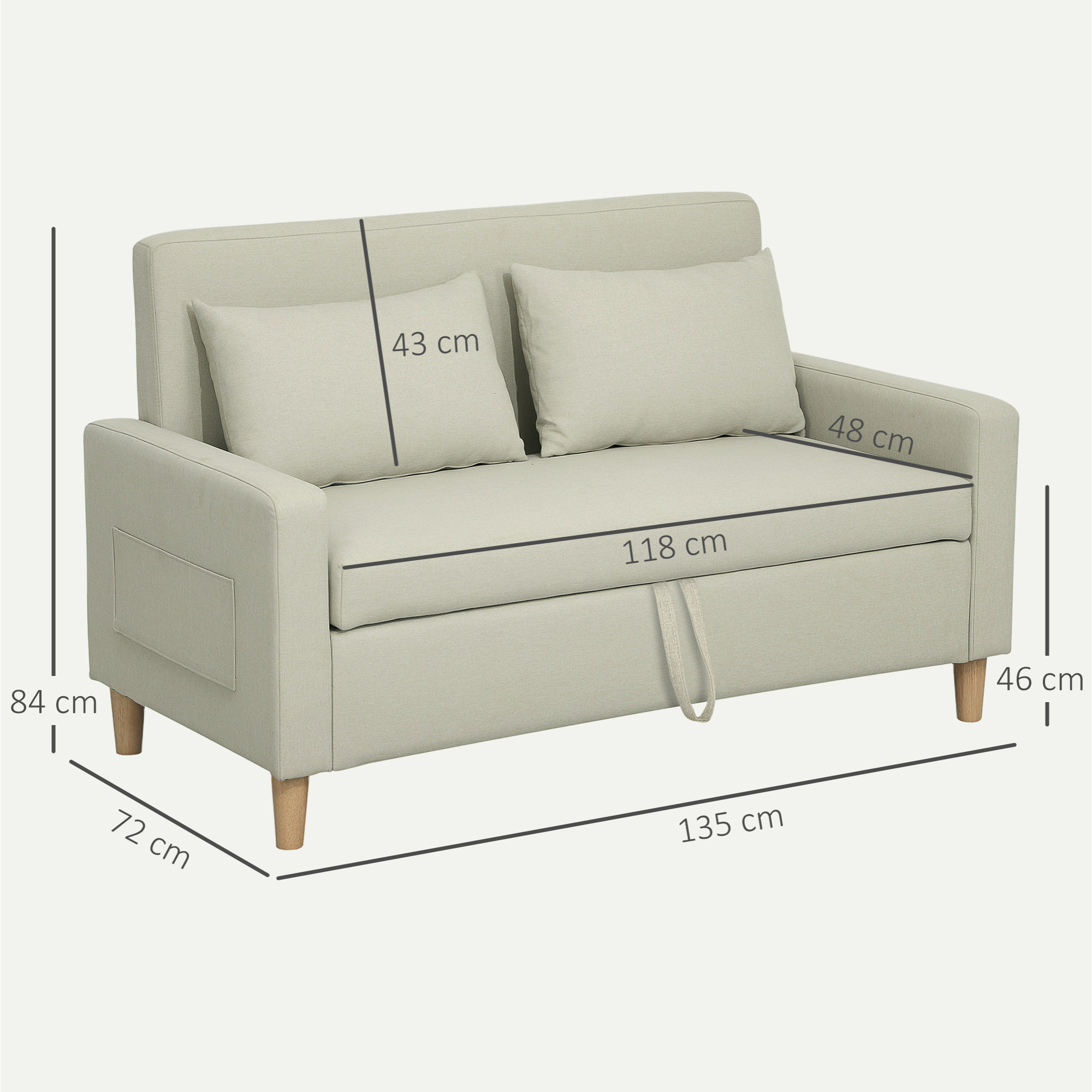 Sofá de 2 Plazas Tapizado en Lino Sintético Sofá de Salón con 2 Almohadas Espacio de Almacenamiento Oculto Bolsillo y Patas de Madera Sofá Pequeño Carga 240 kg 135x72x84 cm Beige