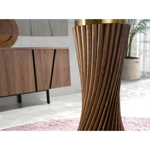 Mesa comedor redonda con tapa fija de cristal templado patas de madera en nogal 130x130x76cm