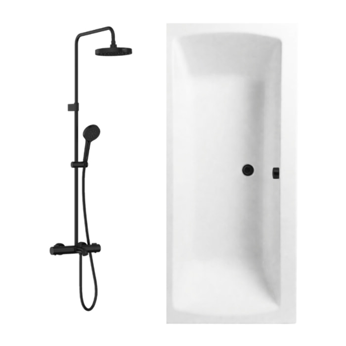 Baignoire droite 180x80cm avec pieds Neon blanc + Vidage  noir  + Colonne bain thermostatique douche noir mat