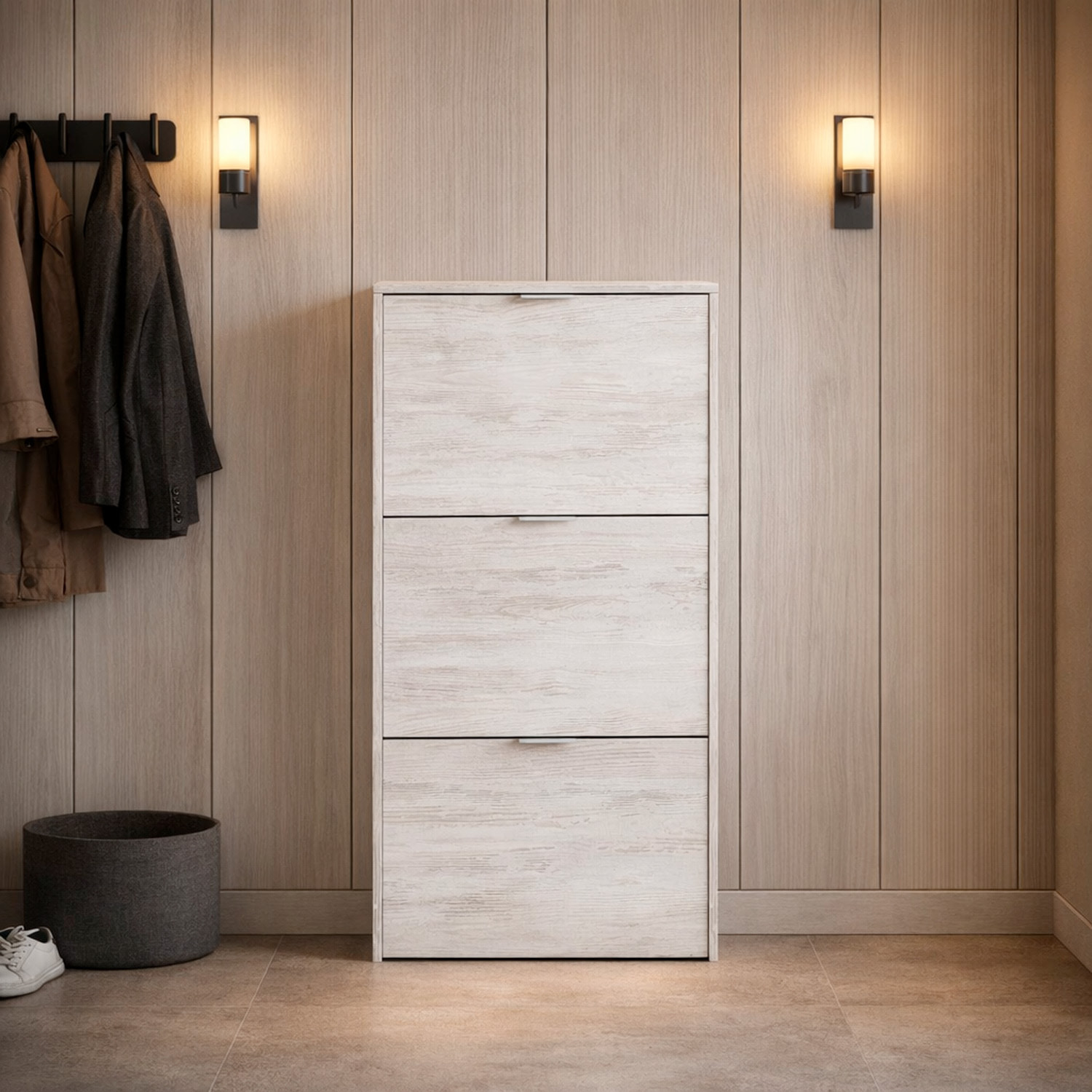 Scarpiera A Ribalta Salvaspazio 3 Ante E 6 Ripiani Mobile Portascarpe Fino A 20 Paia Di Scarpe Ingresso Corridoio 113 x 60 x 22 Cm Rovere Bianco