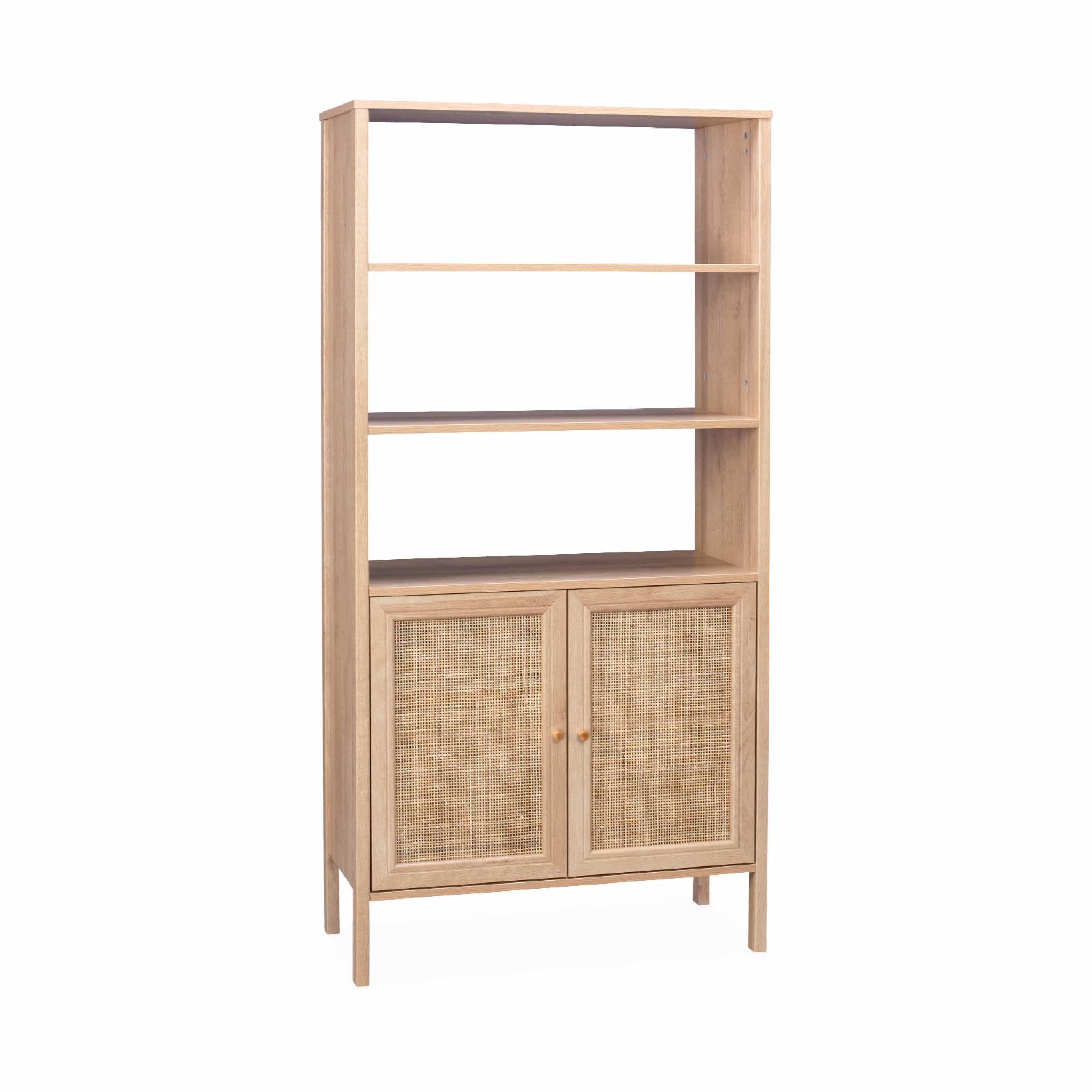 Bibliothèque effet bois et cannage - Bohème - 4 niveaux. 2 portes. 5 étagères