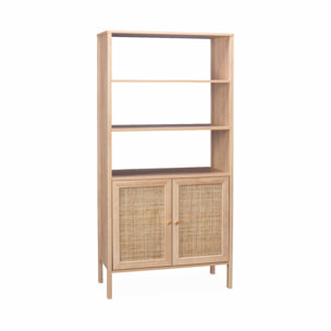 Bibliothèque effet bois et cannage - Bohème - 4 niveaux. 2 portes. 5 étagères
