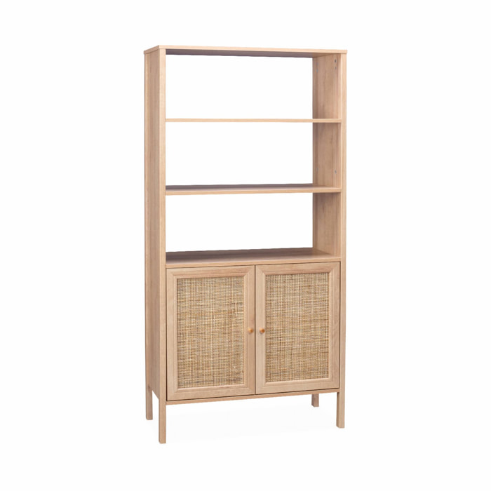 Bibliothèque effet bois et cannage - Bohème - 4 niveaux. 2 portes. 5 étagères