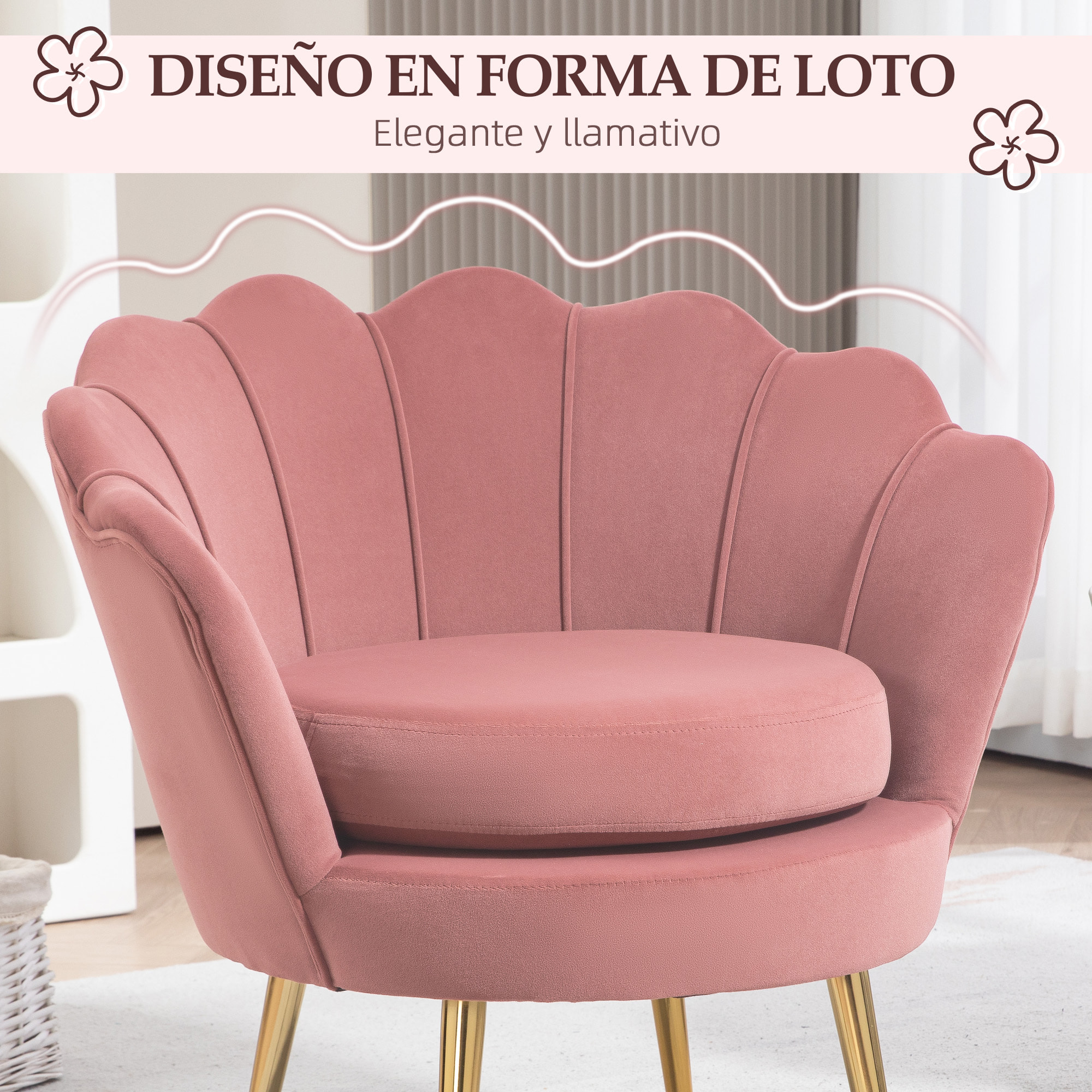 Butaca de Salón Tapizada en Terciopelo Sillón Butaca de Dormitorio con Respaldo en Forma de Concha y Patas Doradas para Comedor 76x67x74 cm Rosa