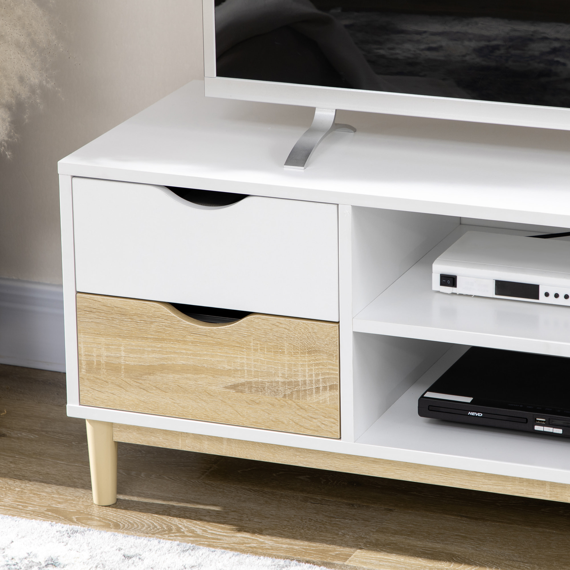 Meuble TV banc TV style scandinave 4 tiroirs 2 niches passe-fils panneaux blanc aspect chêne clair