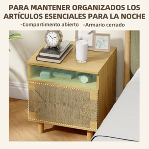 Mesita de Noche Bohemio con Puerta de Cuerda de Papel, Mesilla de Noche con Estante Abierto, Patas de Madera y Apertura por Presión, Mesa Auxiliar para Dormitorio, Salón, 45x39x50 cm, Roble