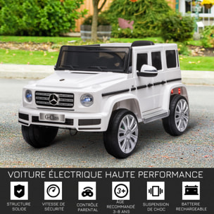 Voiture électrique enfant Mercedes Benz Classe G 12V - V. max. 5Km/h - télécommande, effets sonores, lumineux - blanc
