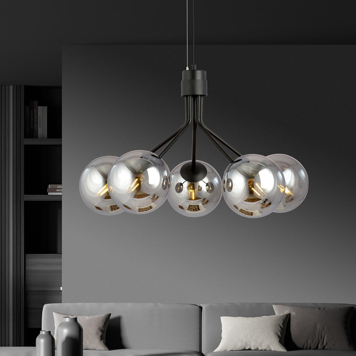 Lampada a sospensione NOVA in acciaio nero con diffusori in vetro grafite