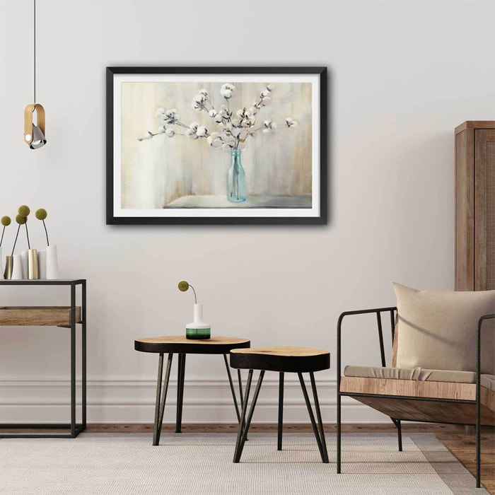 Affiche Bouquet et fleurs de coton Affiche sous cadre noir