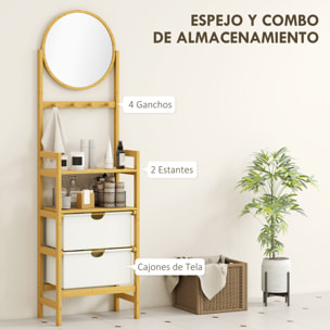 Estantería de Baño de Bambú con Espejo Estantería de Almacenaje con 4 Ganchos 2 Estantes Abiertos y 2 Cajones de Tela para Cocina Baño Salón 48,5x30x170 cm Natural
