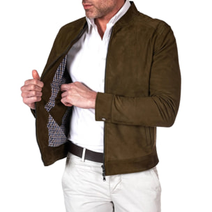 Giacca in pelle scamosciata colore verde khaki con cerniera