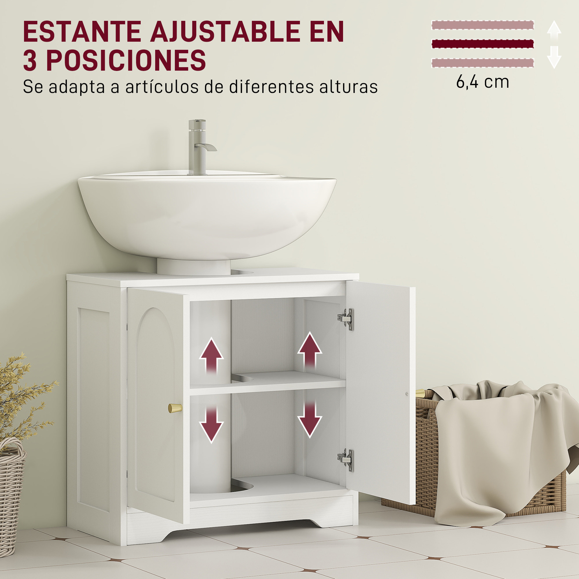 Mueble bajo Lavabo Mueble de Baño con 2 Puertas con Diseño de Arco Estante Ajustable Tiradores Dorados para Lavabo con o sin Pedestal 60x30x65 cm Blanco