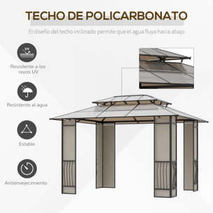 Cenador de Jardín 3,6x3 m Pabellón para Exterior con Techo de Policarbonato y Estructura de Acero Aluminio Protección Solar para Fiestas Eventos Marrón