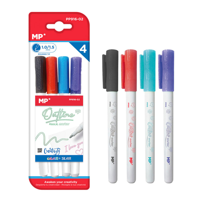 SET 4 PCS ROTULADOR MÁGICO OUT LINER DOBLE LÍNEA. Negro, azul, rojo y morado.