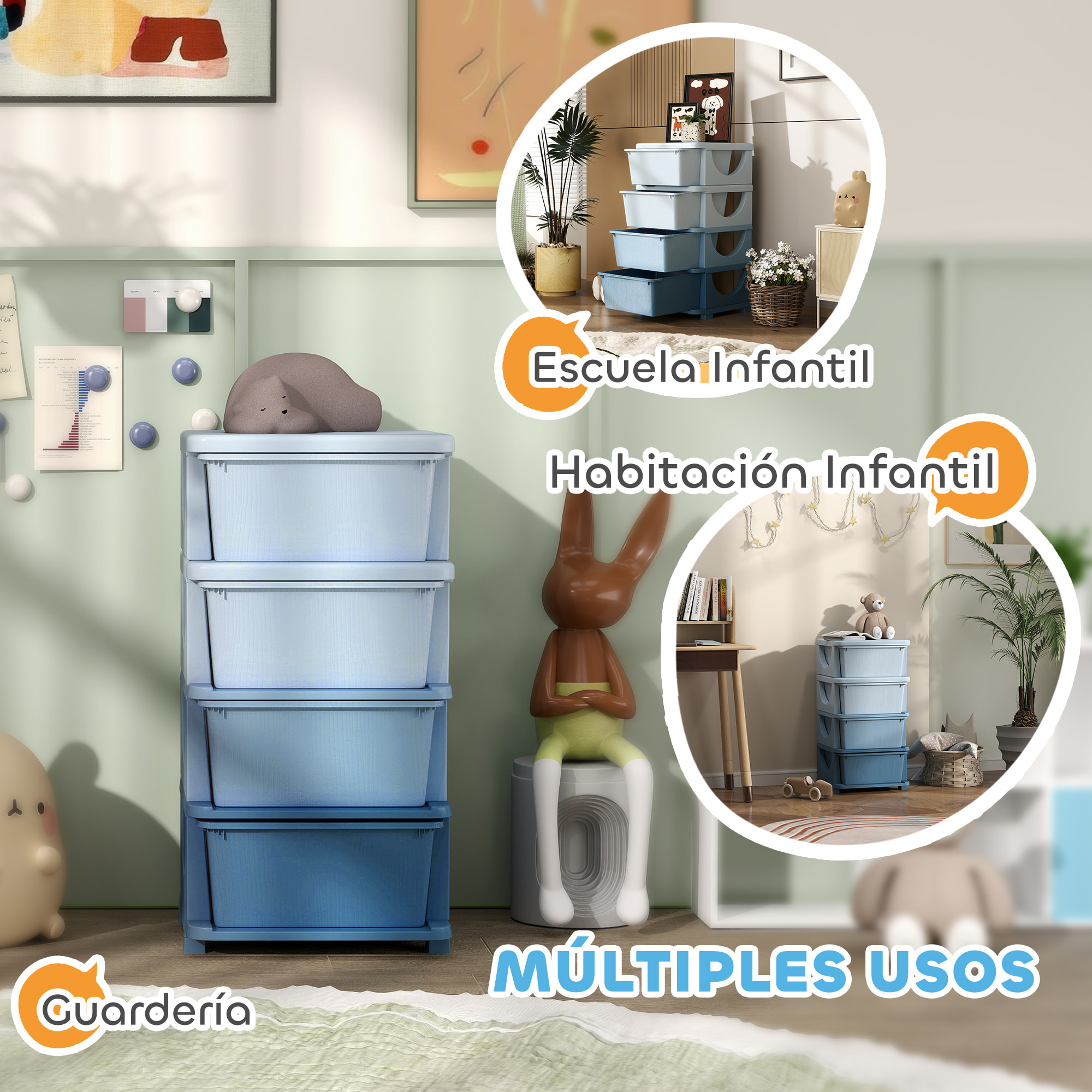 Torre de Almacenamiento Infantil con 4 Cajones, Organizador de Juguetes para Niños de +3 Años, con Bordes Redondeados y Asas, para Guardería, Sala de Juegos, Dormitorio, 37x37x76 cm, Azul