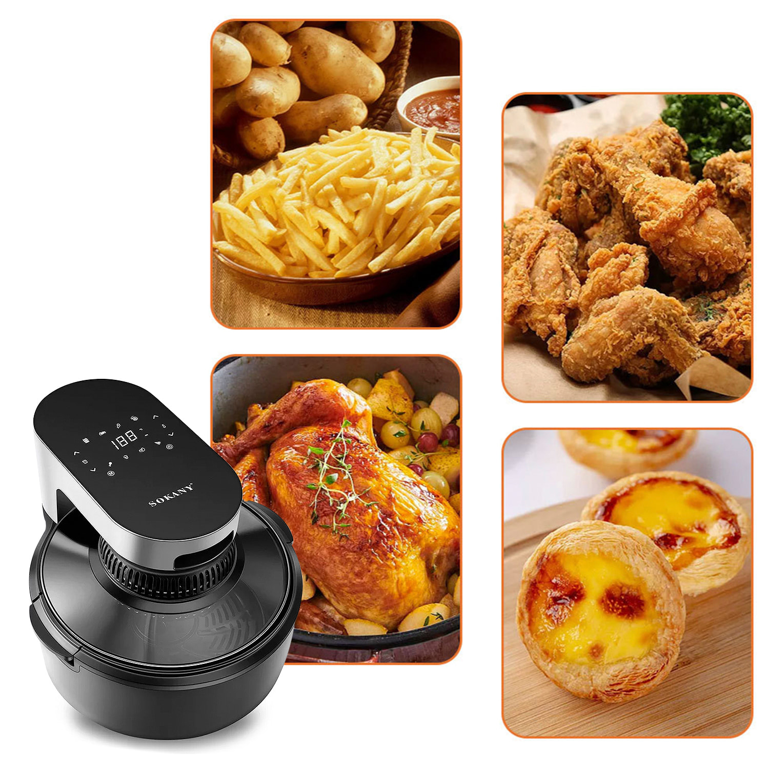 Friggitrice ad aria senza olio 1100w 5,5L pannello LED touch multifunzione. Design esclusivo del vaso con visione a 360°.