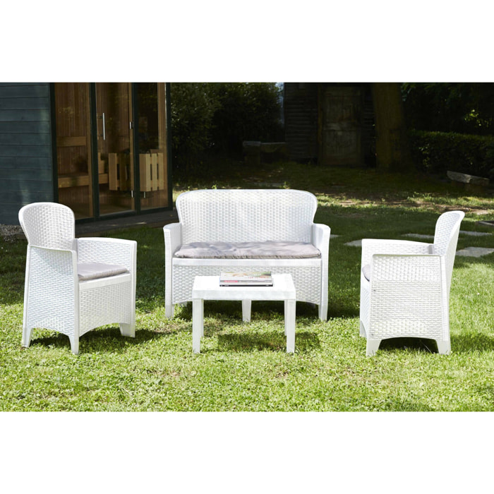 Set salotto da esterno Alesandro, Set da giardino con 2 poltrone, 1 divano ed 1 tavolino, Salottino effetto rattan con cuscini, 100% Made in Italy, Bianco