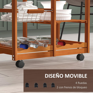 Carrito Cocina Servicio Auxiliar Madera Metal Cromado Ruedas Cajon Botellero