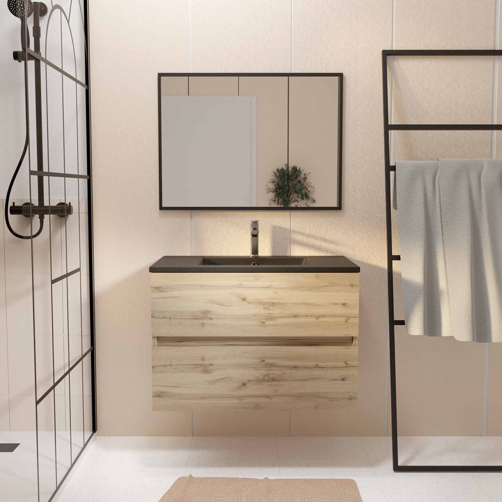 Pack Meuble SDB 80cm suspendu 2 tiroirs Chene_Vasque noire + Miroir - TIMBER 80