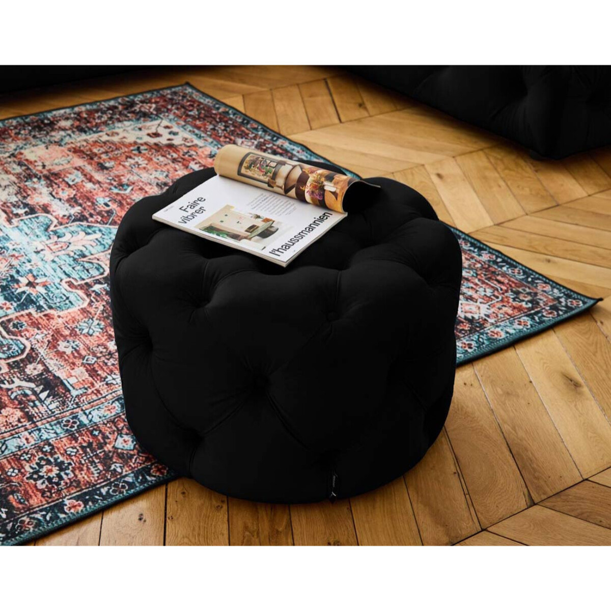 Gallata - pouf Chesterfield rond - en velours - Noir