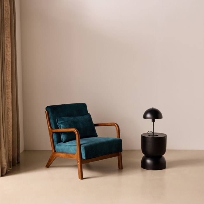 Fauteuil scandinave bois d'hévéa teinté noyer clair et velours LORENS