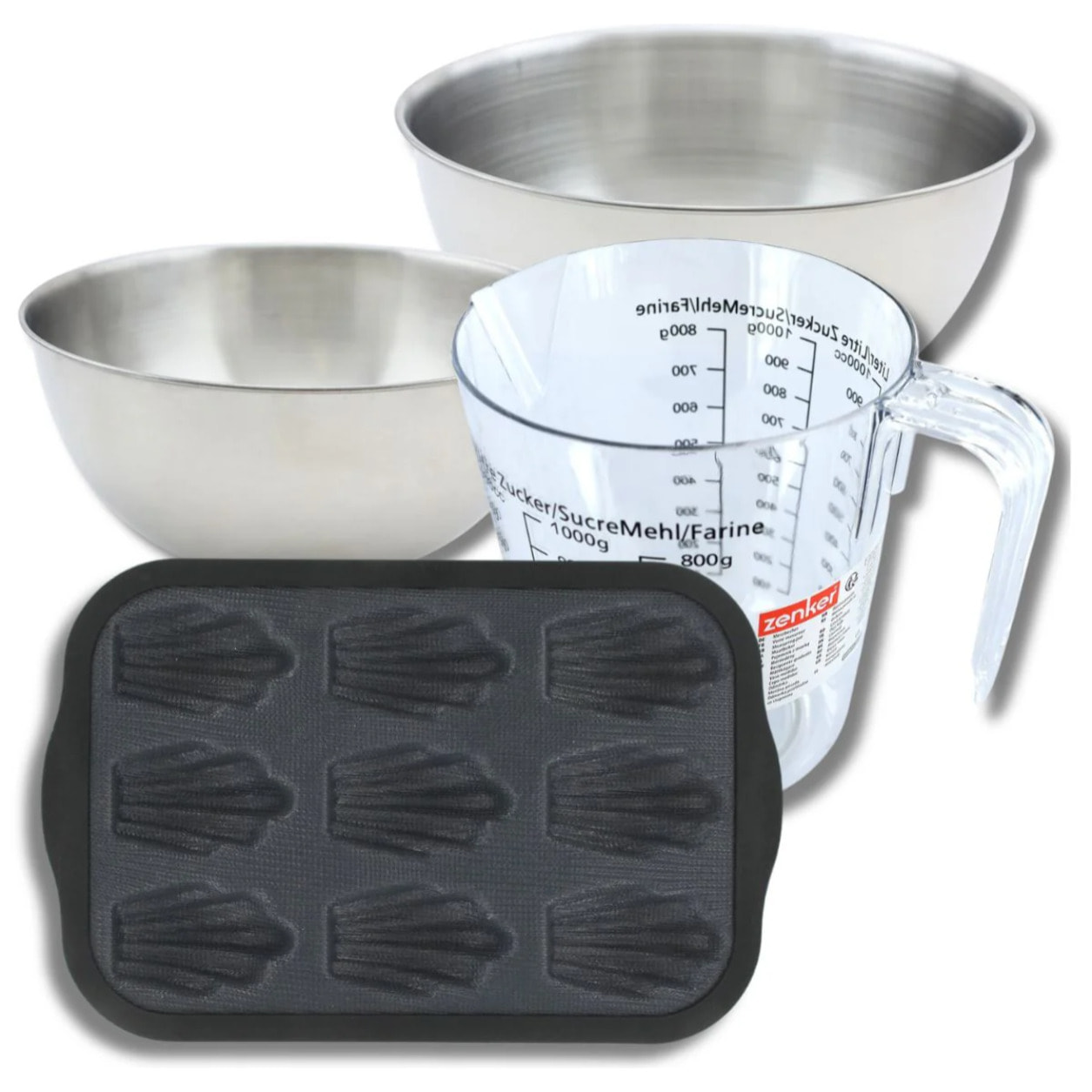 Set pâtisserie avec moule 9 madeleines 28 x 18 cm en silicone, 2 bols à mixer, verre mesureur et spatule Zenker