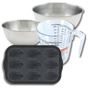 Set pâtisserie avec moule 9 madeleines 28 x 18 cm en silicone, 2 bols à mixer, verre mesureur et spatule Zenker