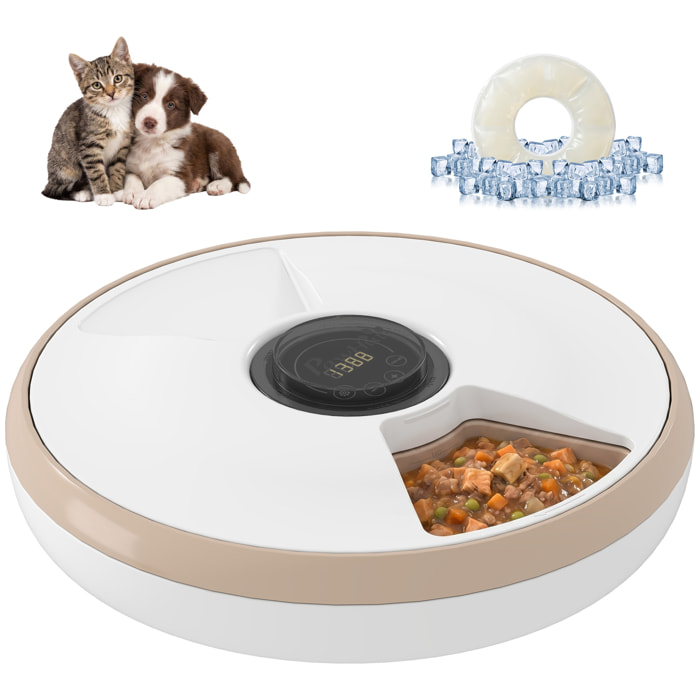 Comedero Automático para Gatos y Perros, Dispensador de Comida para Gatos con Temporizador Programable, Paquete de Hielo, 6 Cuencos, Pantalla LED, Funciona con Baterías, para Secos y Húmedos