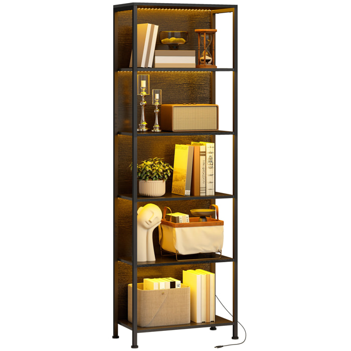 Librería de 5 Niveles con Luces LED de 7 Colores, Estantería para Libros, 60x30x179 cm, Estantería Industrial con Marco de Acero, para Salón, Dormitorio, Estudio, Oficina, Negro