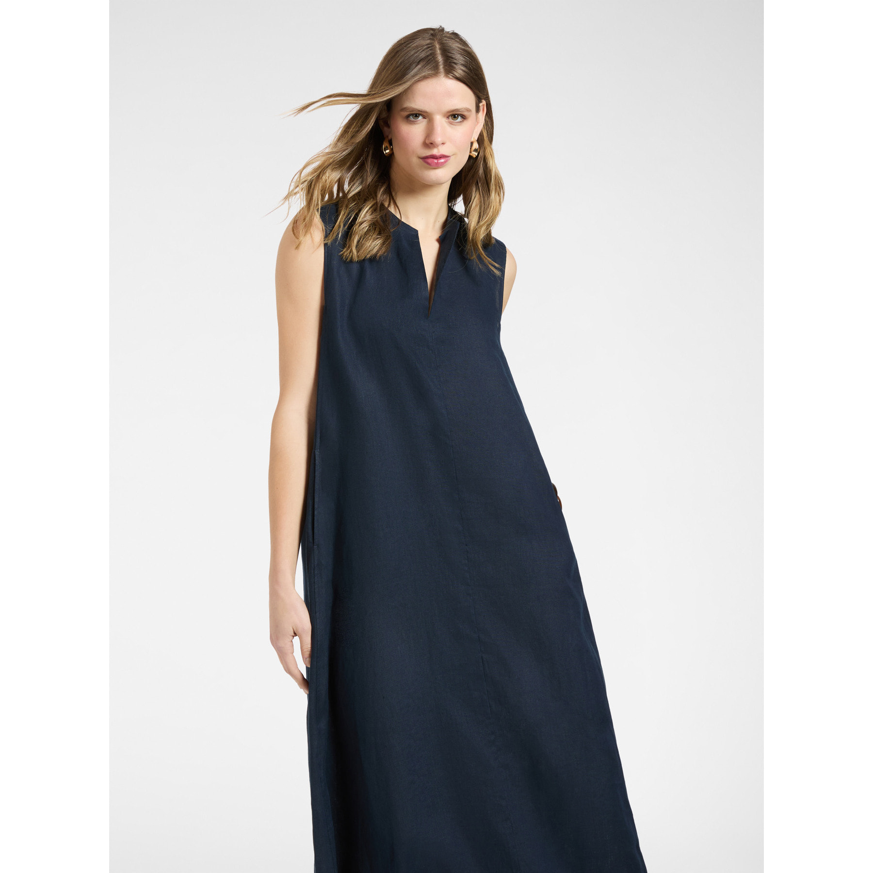 Elena Mirò - Vestido largo de lino con escote en V - Azul