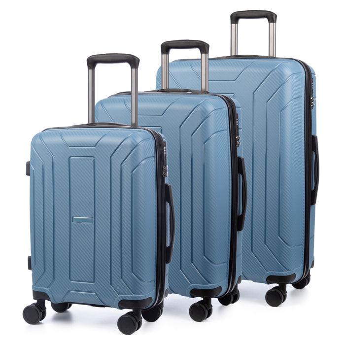 Set di 3 valigie trolley espandibili in PP resistente alla rottura. Serratura TSA numerica, 4 ruote doppie girevoli a 360°.