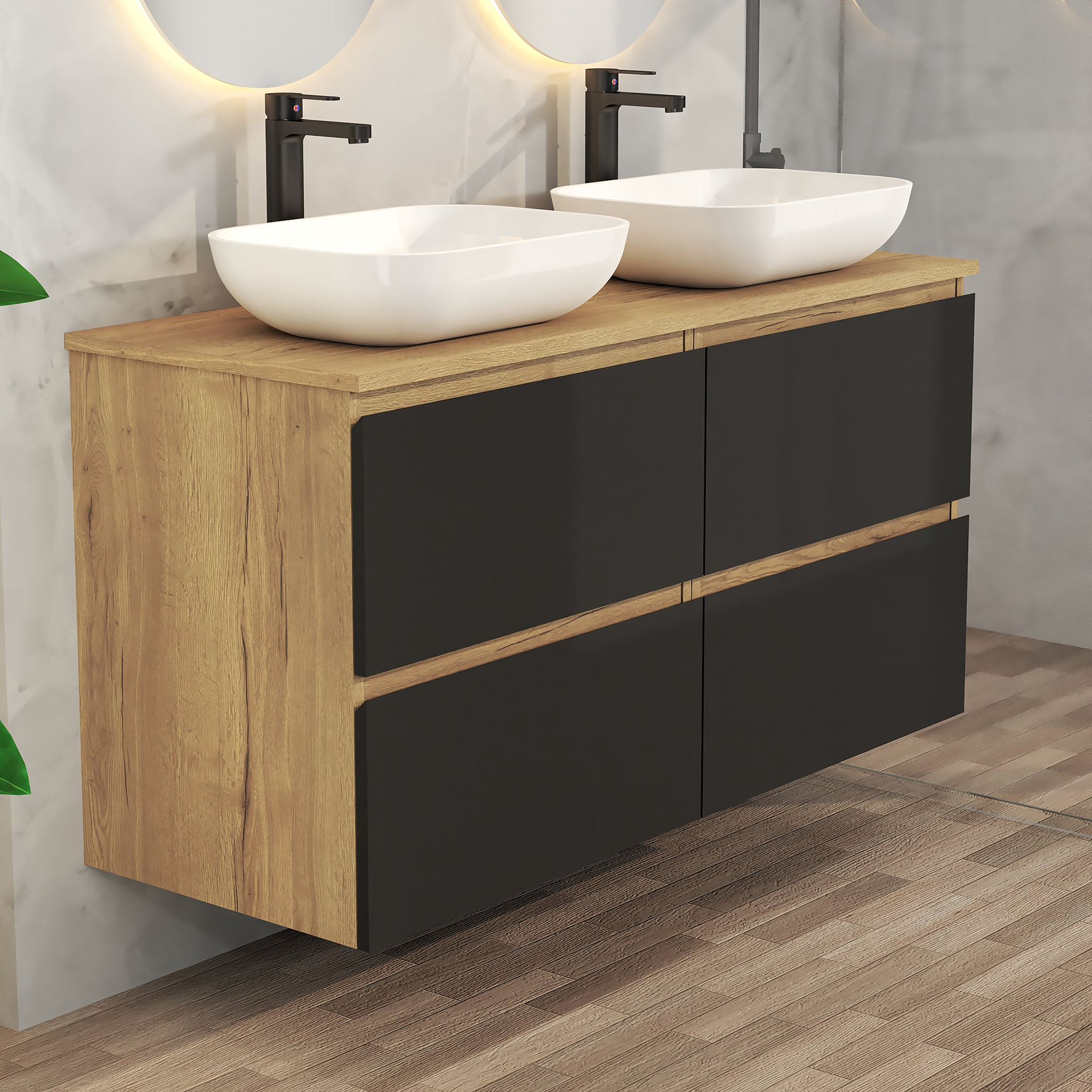 Conjunto de Baño Nia | Mueble Suspendido | 140 cm Negro | Cuatro Cajones | Lavabo sobre Encimera | No incluye Espejo | Mueble Montado| Alday