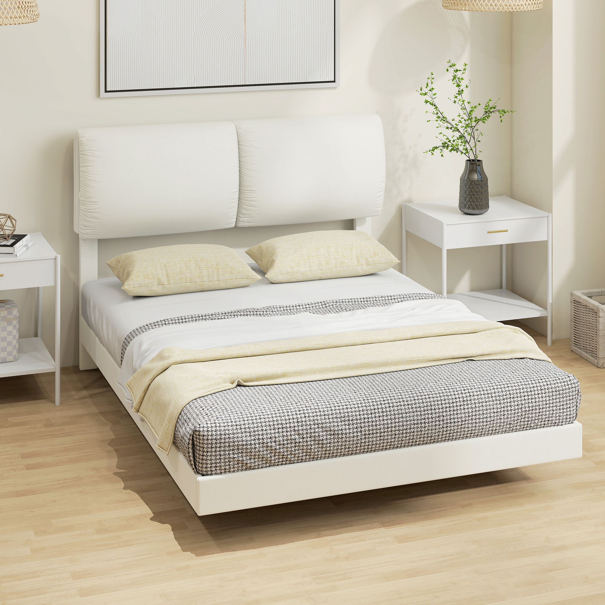 Cama Doble de 135x190 cm, Marco de Cama con Cabecero Acolchado, Efecto Flotante, Estructura Metálica, Lamas de Madera, Silencioso, Estilo Moderno, Beige