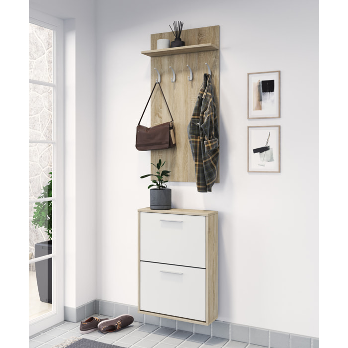 Set Ingresso Salvaspazio con Scarpiera 2 Ribalte e Appendiabiti da Parete Mensola Mobile Moderno Portascarpe 54x73x18 Cm Bianco Rovere