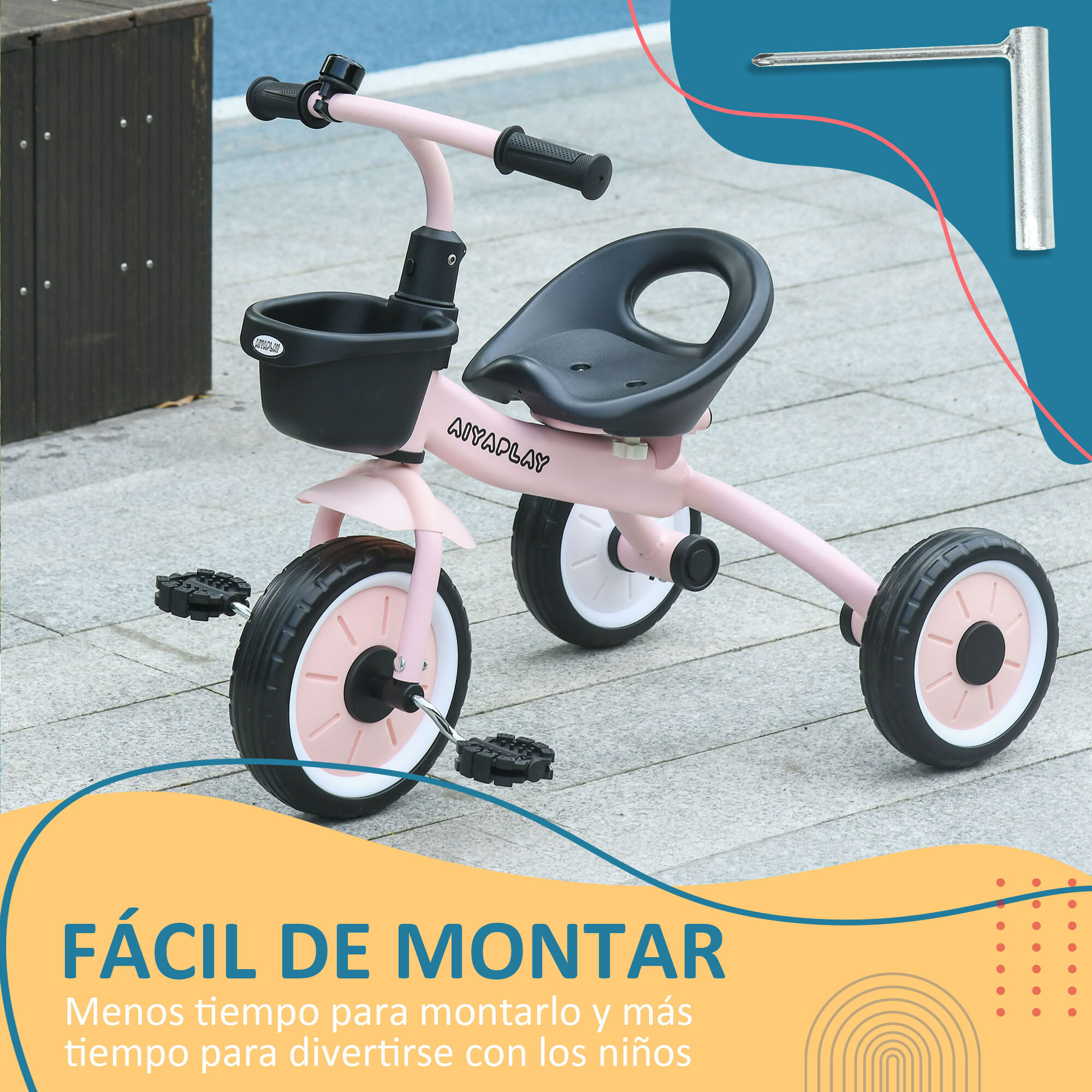 Triciclo para Niños de 2 a 5 Años Bicicleta Infantil con Asiento Ajustable Cesta Timbre Pedales y 3 Ruedas Carga 25 kg 70,5x50x58 cm Rosa