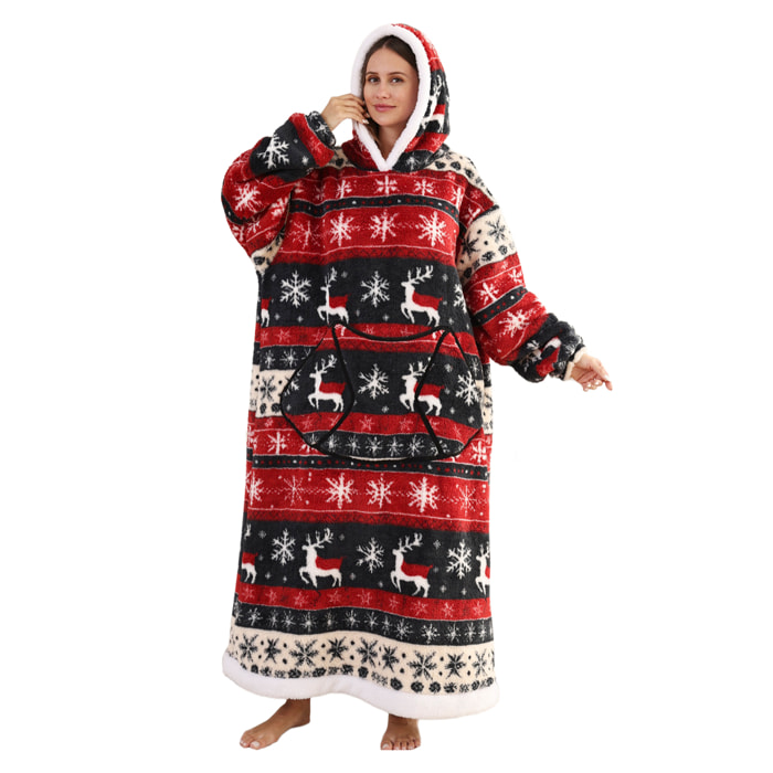 Bata estilo sudadera y manta de felpa extrasuave. Triple bolsillo frontal tipo canguro. Diseño reno navideño tipo largo.