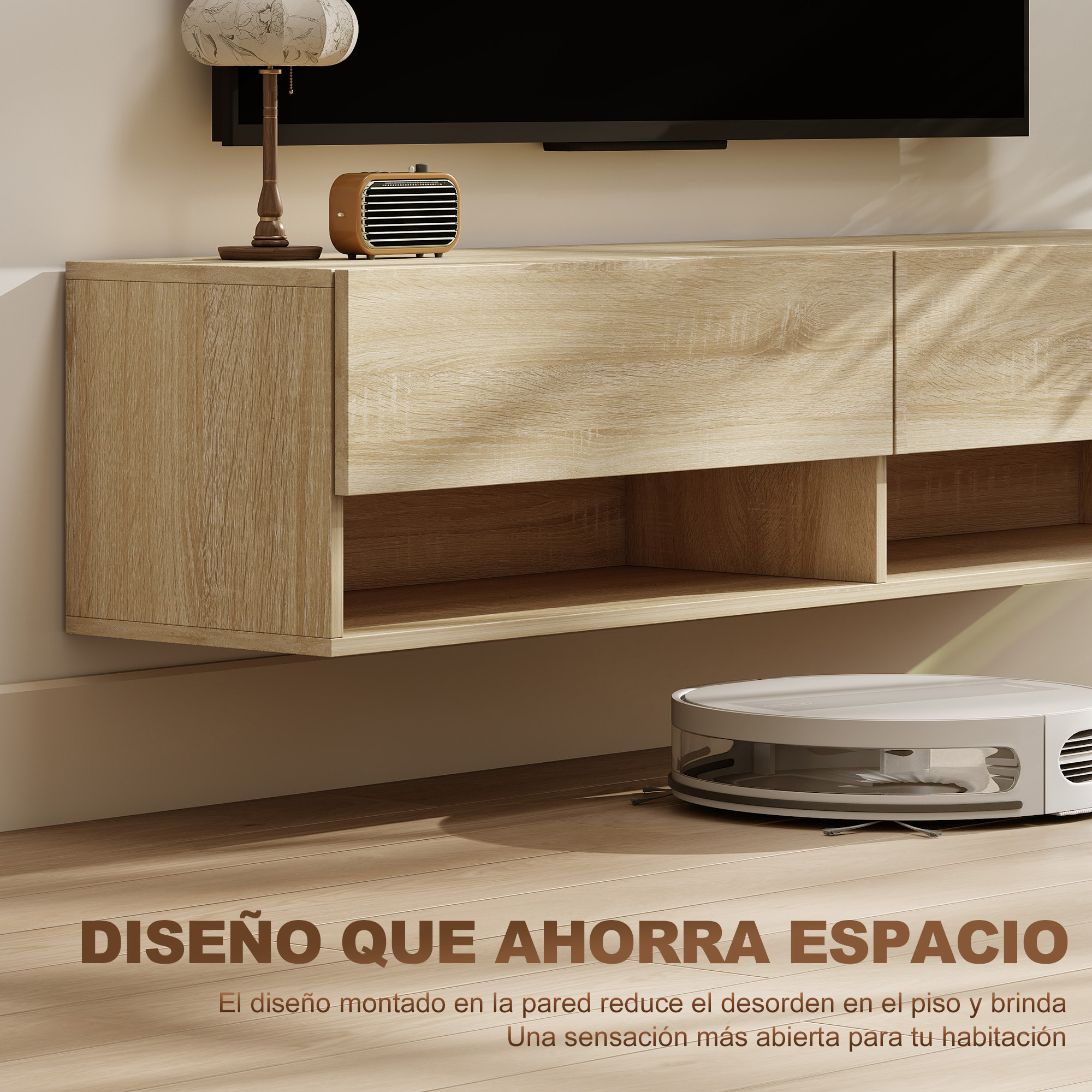Mueble de TV Suspendido, Mueble de TV para Salón con 2 Cajones Abatibles, 2 Estantes Abiertos, Gestión de Cables, Estilo Moderno, para Televisión 60 Pulgadas, 140x32x31 cm, Madera Natural