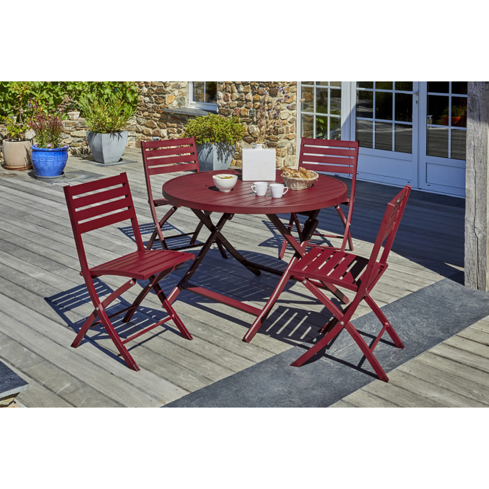 MARIUS - Ensemble repas de jardin 4 places en aluminium rouge carmin