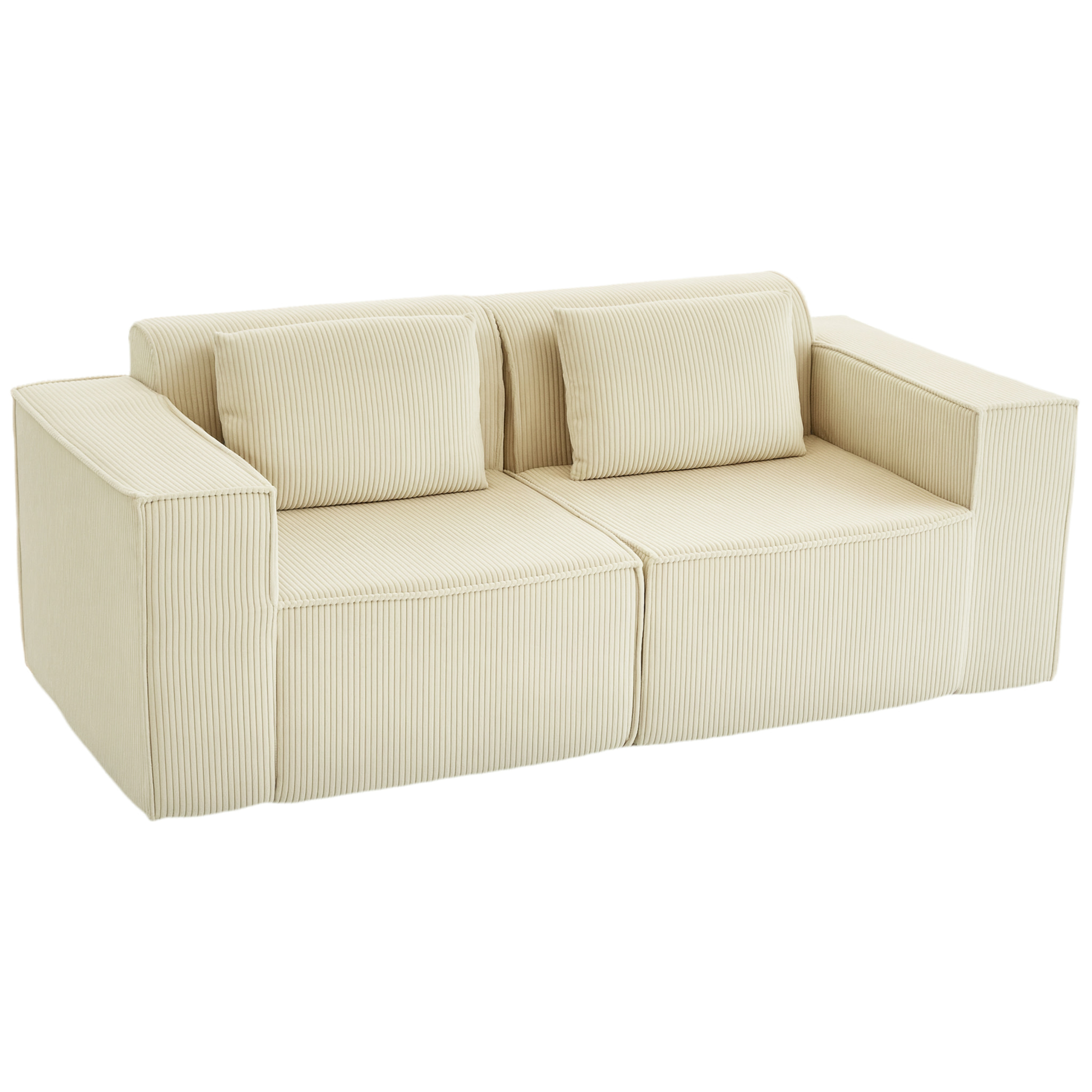 Sofá de 3 Plazas, Sofá de Salón, 202x90x76 cm, Tapizado en Pana, Acolchado Grueso, Asiento Extra Profundo, Reposabrazos Anchos, 2 Almohadas, Beige