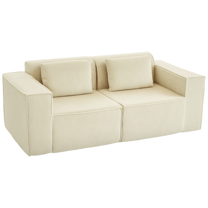 Sofá de 3 Plazas, Sofá de Salón, 202x90x76 cm, Tapizado en Pana, Acolchado Grueso, Asiento Extra Profundo, Reposabrazos Anchos, 2 Almohadas, Beige