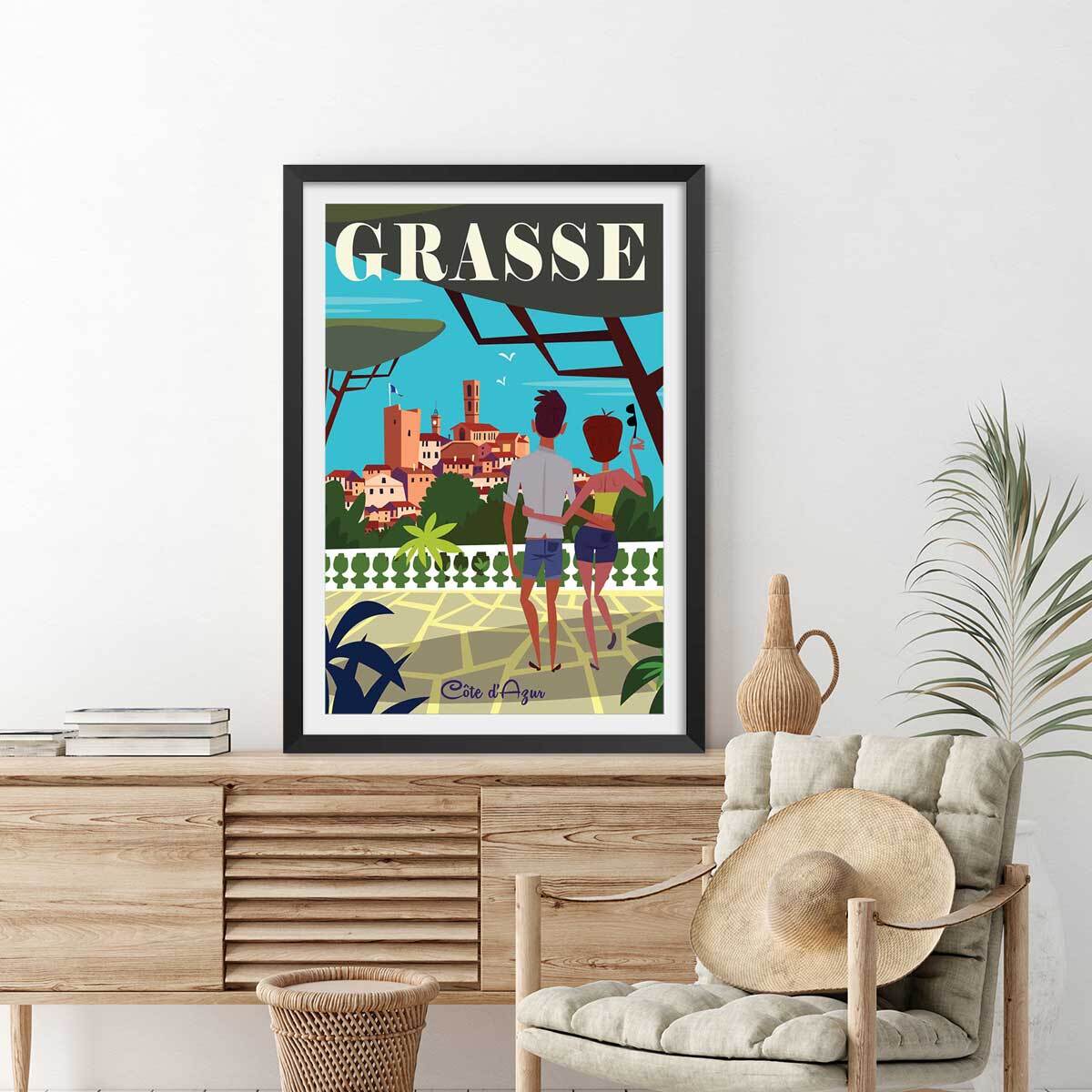 Affiche voyage à Grasse Affiche + cadre en bois - Noir