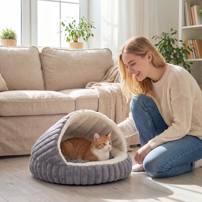 PawHut Cama para Gatos, Cueva para Gatitos Redonda con Base Antideslizante y Cojín Lavable, para Interior, 50x50x32 cm, Gris
