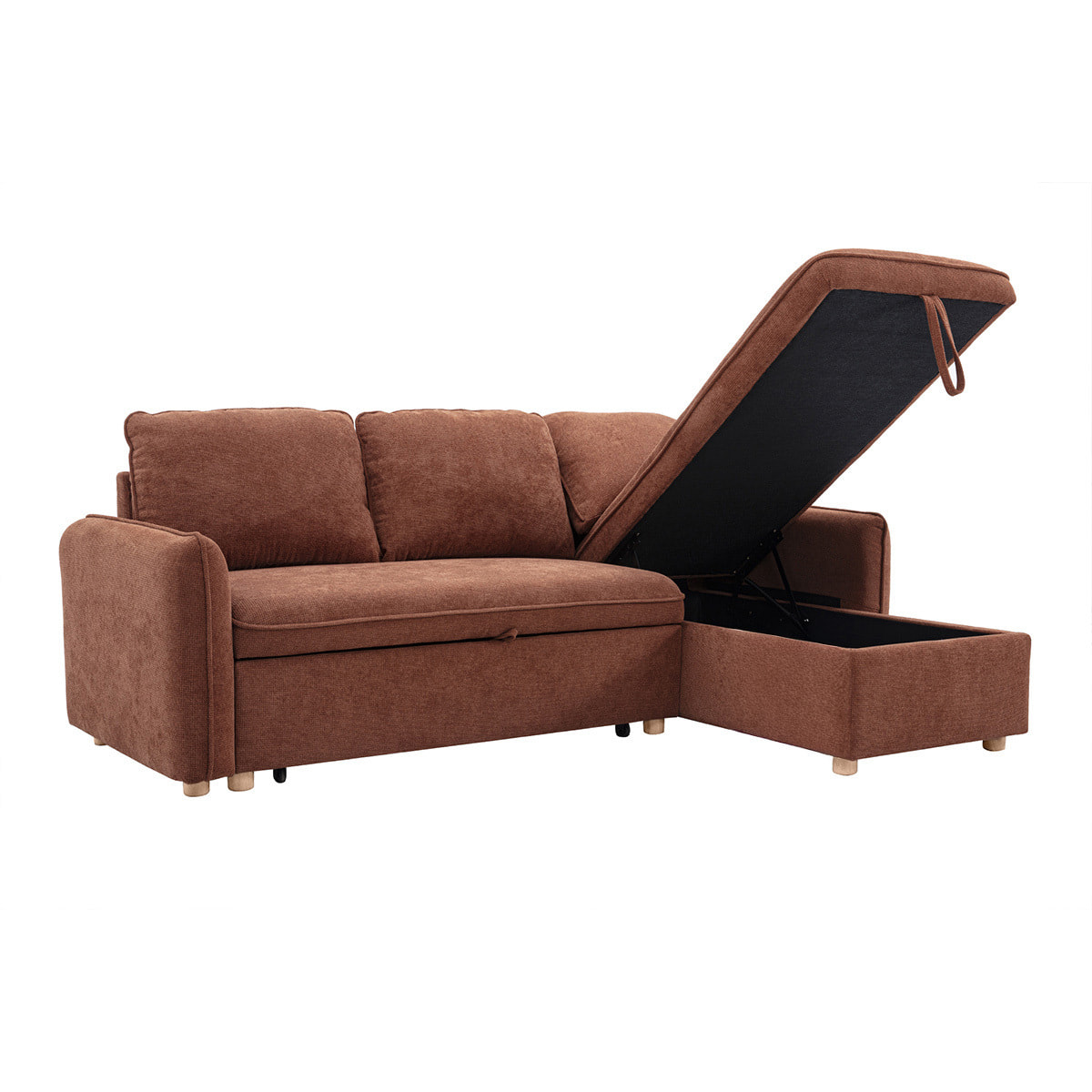 Canapé d'angle convertible réversible avec coffre 3 places en tissu chenille terre brûlée et bois clair ORSO