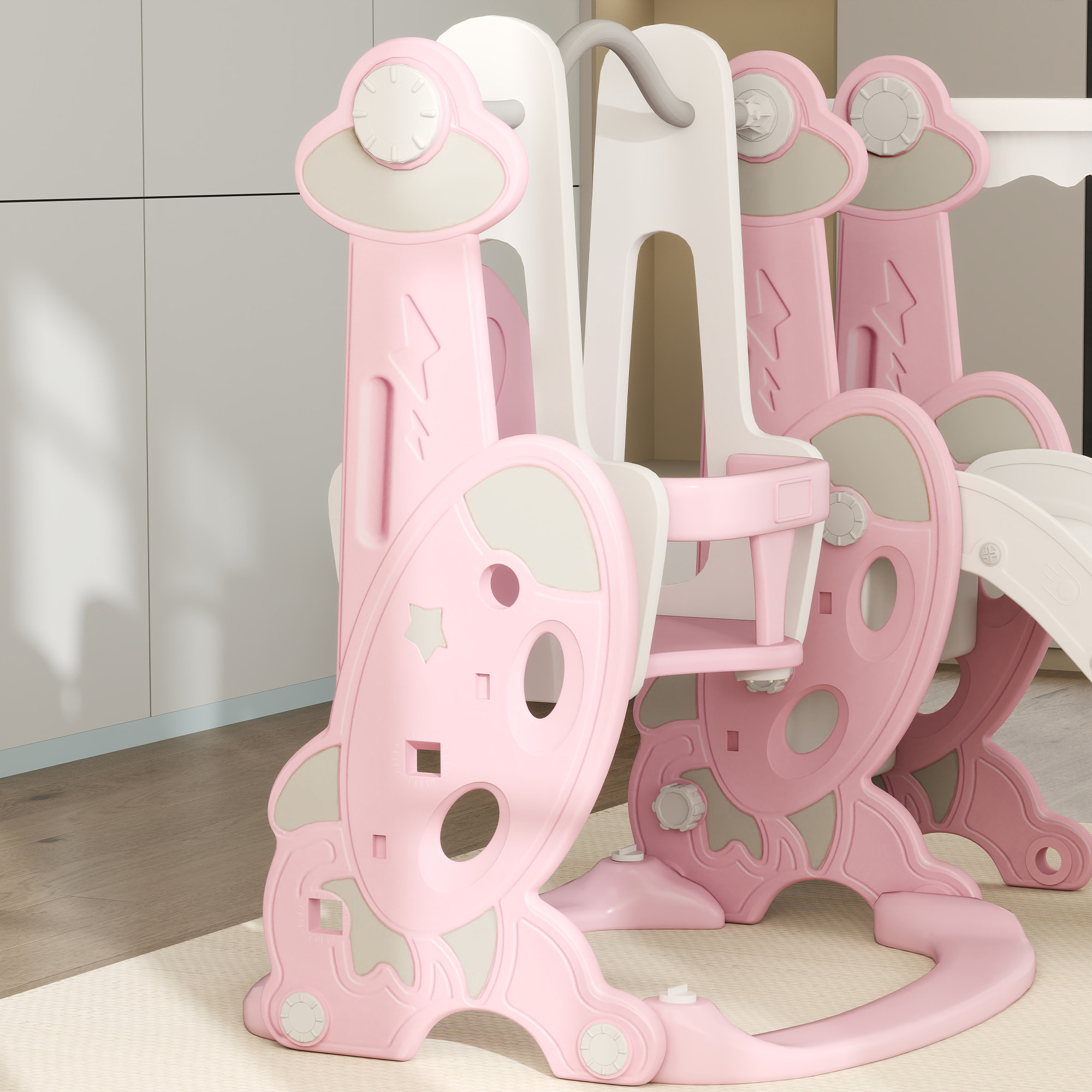 Tobogán Infantil 4 en 1 Parque Infantil con Columpio y Tobogán Escalador Aro de Baloncesto Temática de Cohete para Interior Rosa y Blanco
