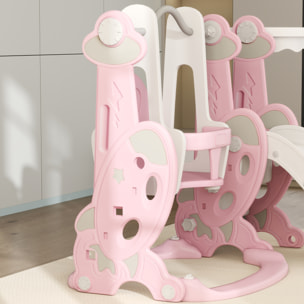 Tobogán Infantil 4 en 1 Parque Infantil con Columpio y Tobogán Escalador Aro de Baloncesto Temática de Cohete para Interior Rosa y Blanco