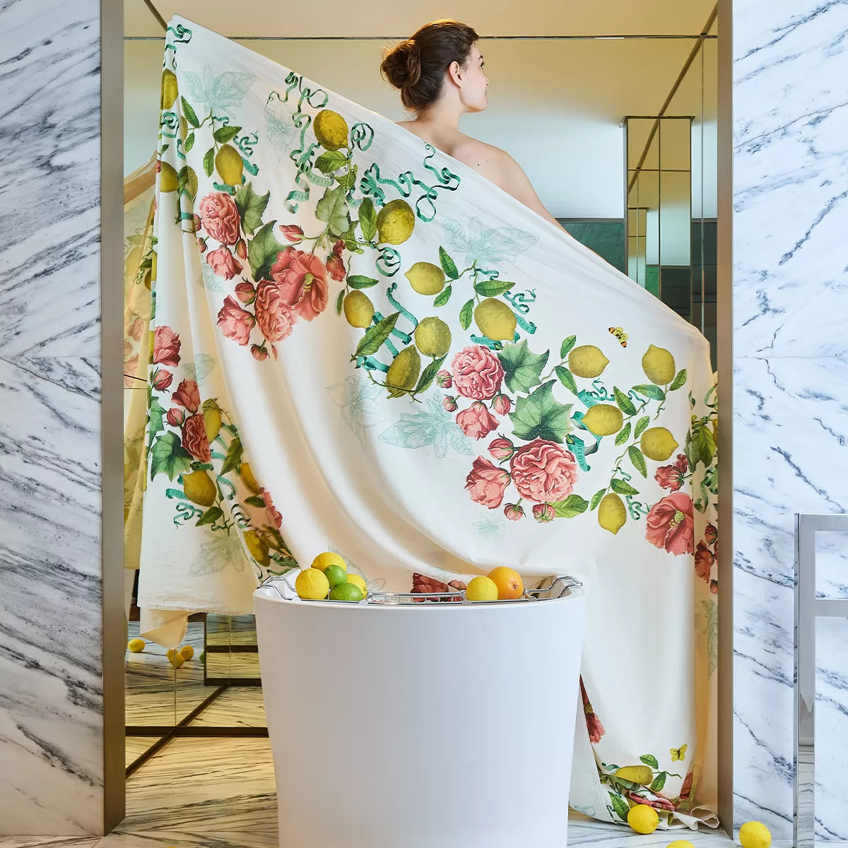 Nappe lin & coton lavé 190 g/m² imprimé multicolore Citrons de menton romance