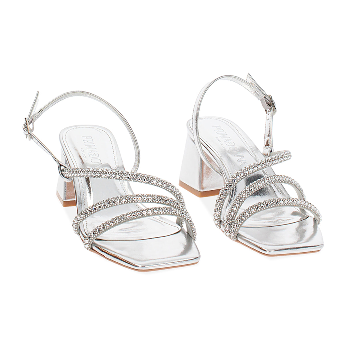 Sandalo donna argento con pietre, tacco largo 5,5 cm